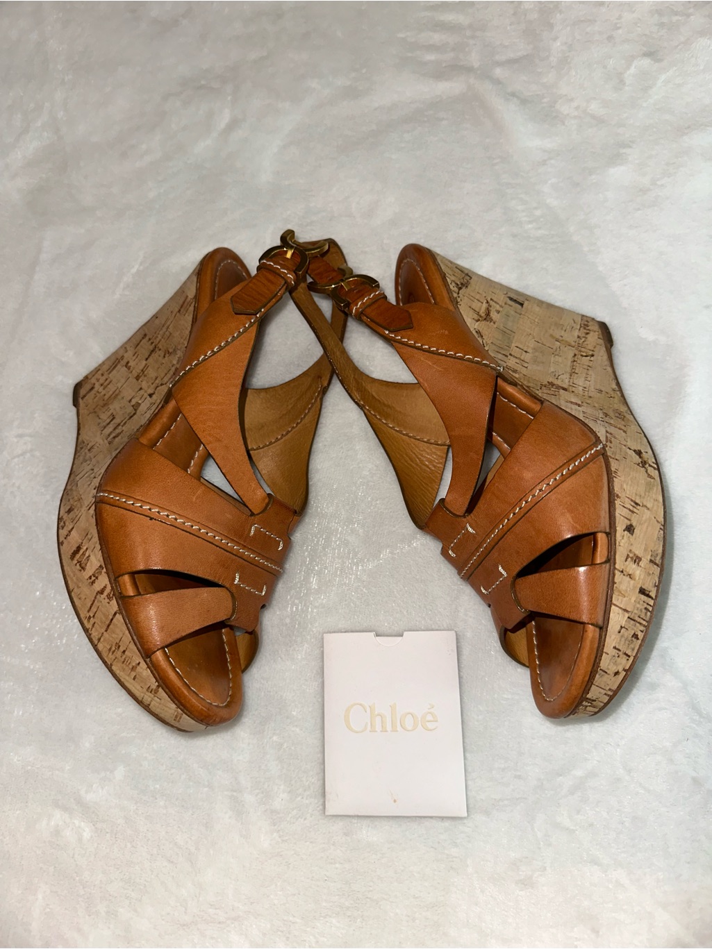 Chlo Cognac Leather Cork Wedge Sandals